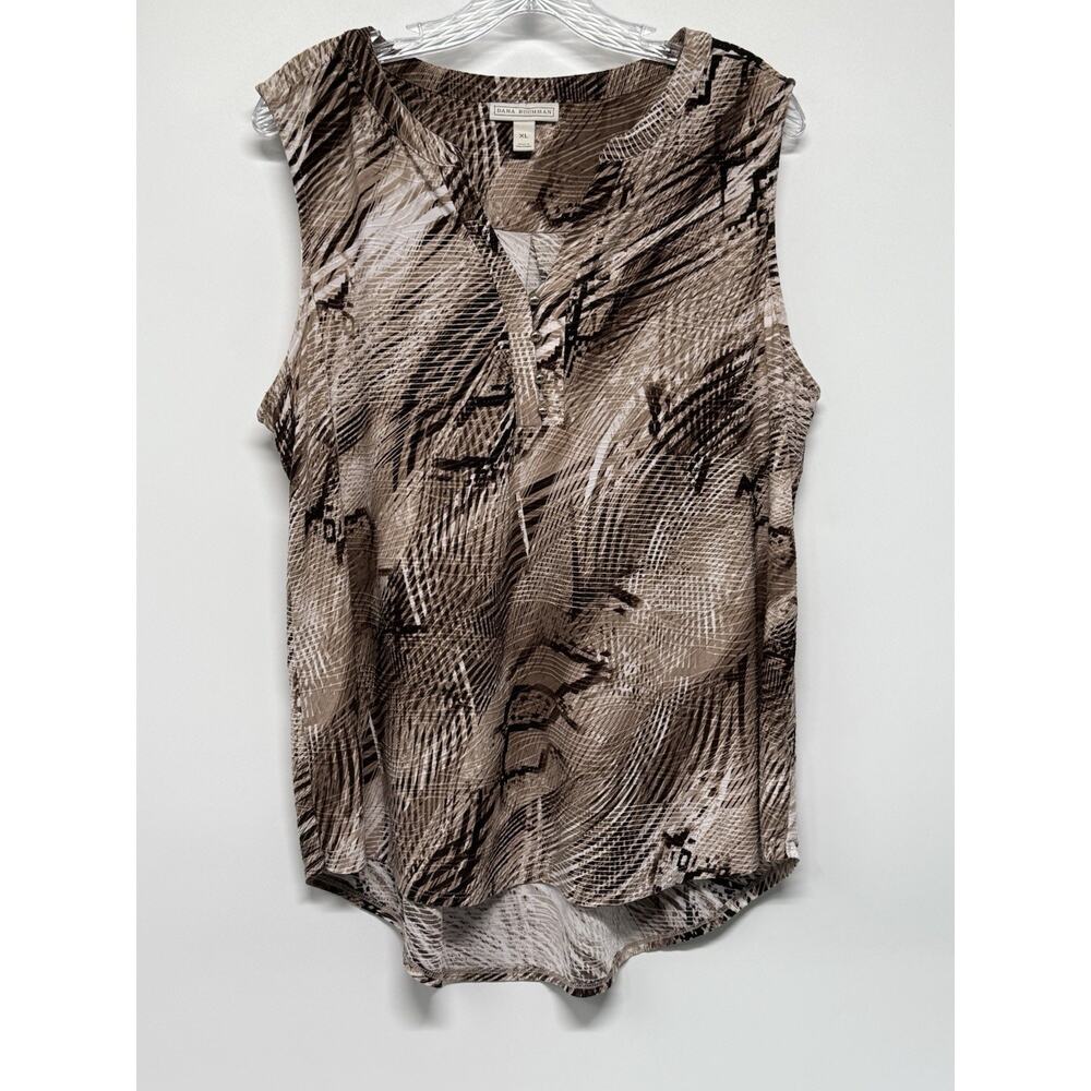 Dana Buchman Women XL Sleeveless Slinky Blouse Brown Abstract Print High-Low Hem